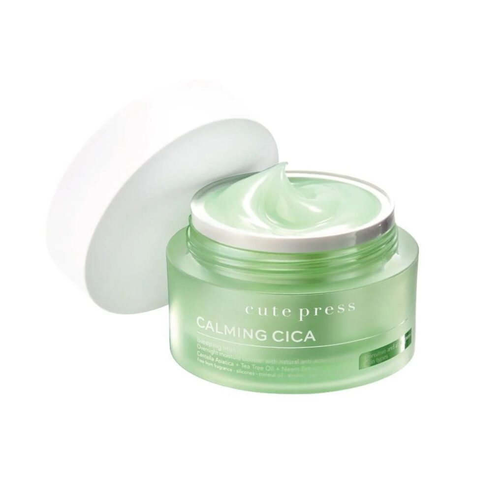 CUTE PRESS Calming Cica Sleeping Mask สูตรส่วนผสมของน้ำมันต้นชาและสะเดา