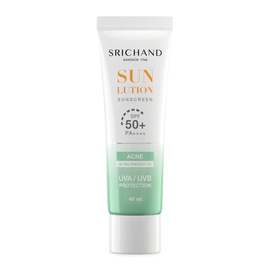 Srichand Sunlution Acne Care Sunscreen SPF50+ PA++++ ครีมกันแดดทาหน้า เนื้อสัมผัสบางเบา ซึมซับได้เร็ว